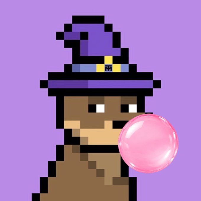 A pixel art character with brown skin wearing a purple wizard hat blows a pink bubblegum bubble against a light purple background.