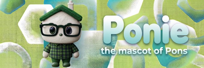 A fluffy white mascot character wearing glasses, a green plaid shirt, and a green roof-like cap stands against a textured green background, with text reading "Ponie the mascot of Pons." The image directly visualizes the $PONIE token's mascot as a cute, simple green house character, matching the post's description of "a small green house guy with one expression, zero thoughts."