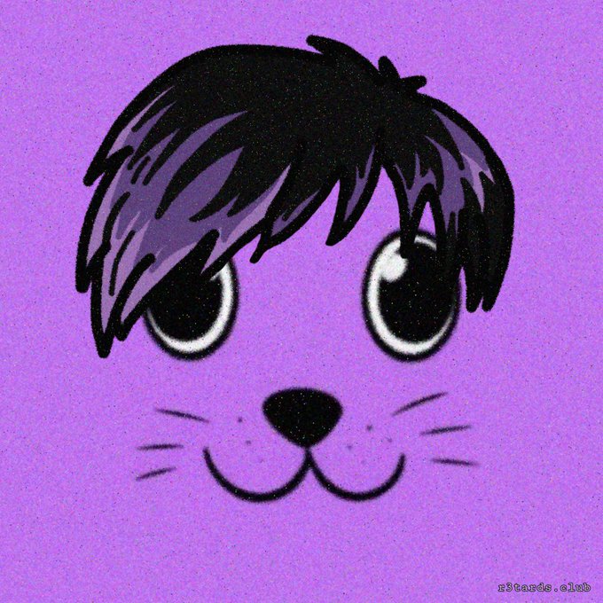 A minimalist illustration of a cute cat's face with large black eyes, whiskers, and shaggy black hair against a purple background, with 'n3tcards.club' watermark in the bottom right.