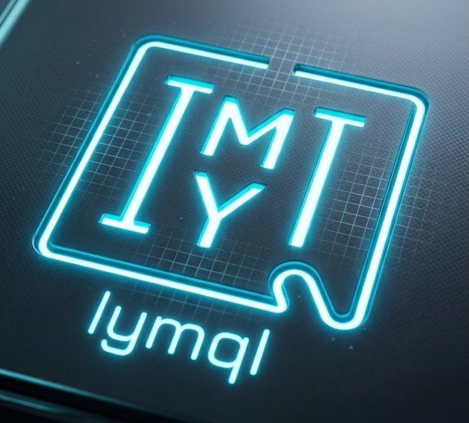 A neon-style glowing blue logo on a dark grid background with the letters 'TMT' stacked above 'Y' inside a speech-bubble frame, with 'lymqi' text below.