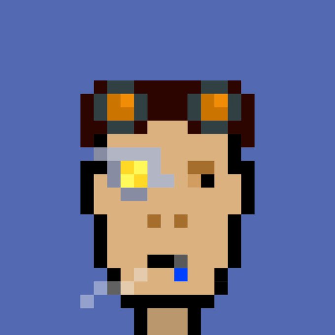 A pixel art portrait of a person with brown hair, a bandage on their face, wearing orange goggles and smoking a cigarette against a blue background.