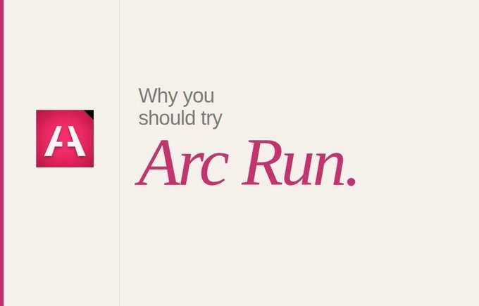 Minimalist graphic featuring a pink 'A' logo with the text 'Why you should try Arc Run.' on a beige background.