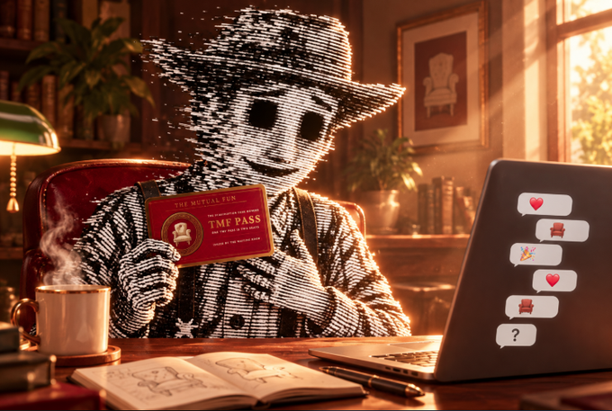 An AI-generated image shows a glitchy, digital figure wearing a cowboy hat and holding a red "TMF PASS" card, seated at a desk with a laptop displaying floating reaction emojis.