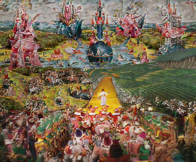 A colorful, fantastical Renaissance-style painting depicting an elaborate landscape filled with surreal architecture, figures, and crowds.