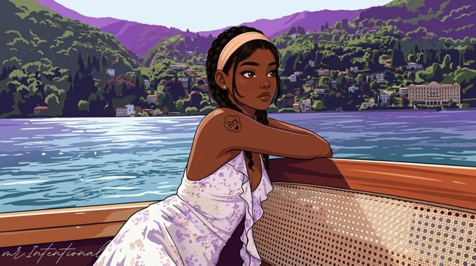 Digital illustration of a dark-skinned woman with a pink headband and purple floral dress sitting on a boat, leaning on the railing with a lush, mountainous lakeside town in the background.