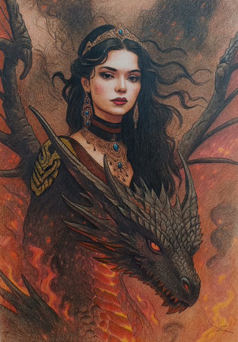 A fantasy illustration of a dark-haired woman wearing a jeweled crown and necklace, standing behind a fierce black dragon with glowing red eyes against a fiery background.