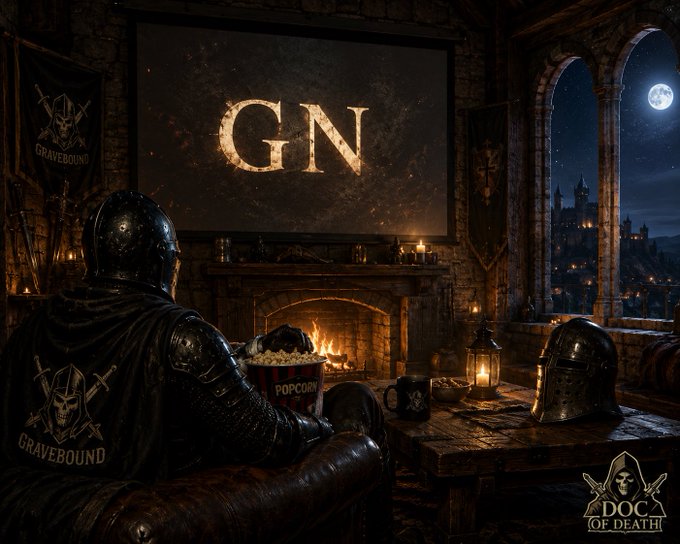 A digital illustration titled "GN" showing a knight in dark armor watching a movie in a medieval castle setting, with a popcorn bucket and skull mug on the table, branded with "Gravebound" and "Doc of Death" logos.