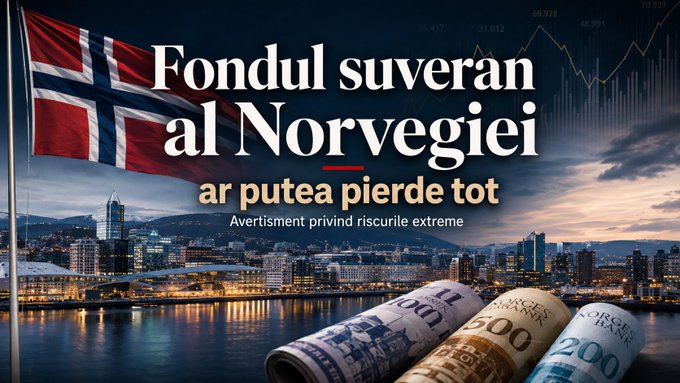 The image features the Norwegian flag alongside a cityscape of Oslo, with rolled Norwegian kroner banknotes (500 and 200 denominations) displayed in the foreground. The Romanian text reads "Fondul suveran al Norvegiei ar putea pierde tot" (Norway's sovereign fund could lose everything) with the subtitle "Avertisment privind riscurile extreme" (Warning about extreme risks), visually reinforcing CEO Nicolai Tangen's stark warning about the potential total loss of the $2 trillion sovereign wealth fund.
