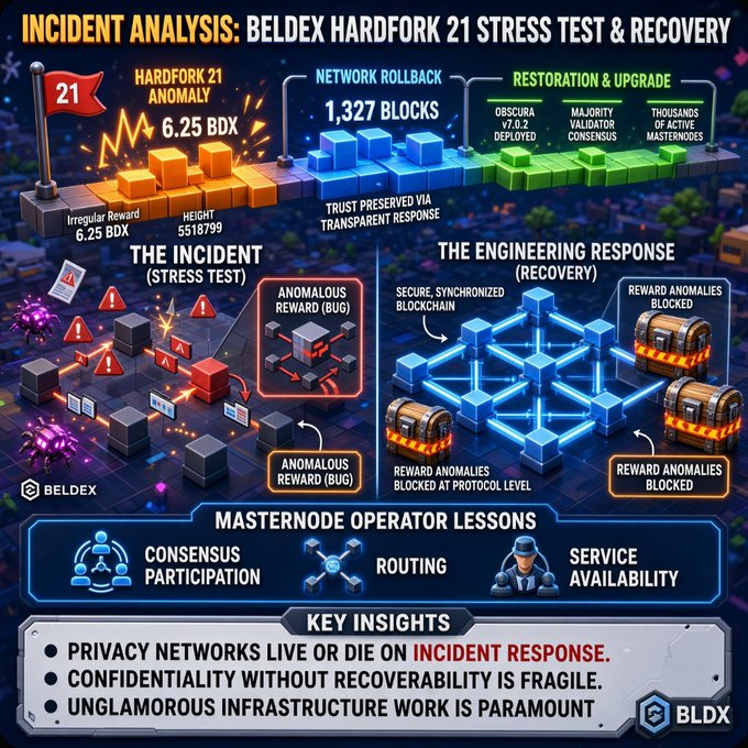An infographic titled 'Incident Analysis: Beldex Hardfork 21 Stress Test & Recovery' detailing a 6.25 BDX reward anomaly, network rollback of 1,327 blocks, and restoration involving thousands of masternodes, with key insights about privacy networks and incident response.
