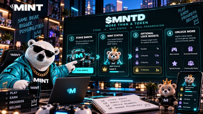 A promotional graphic for "$MNT" featuring a bear mascot wearing sunglasses and a teal jacket, with text explaining how to stake tokens, earn mint status, unlock lock boosts, and earn rewards like gaming perks and community access.