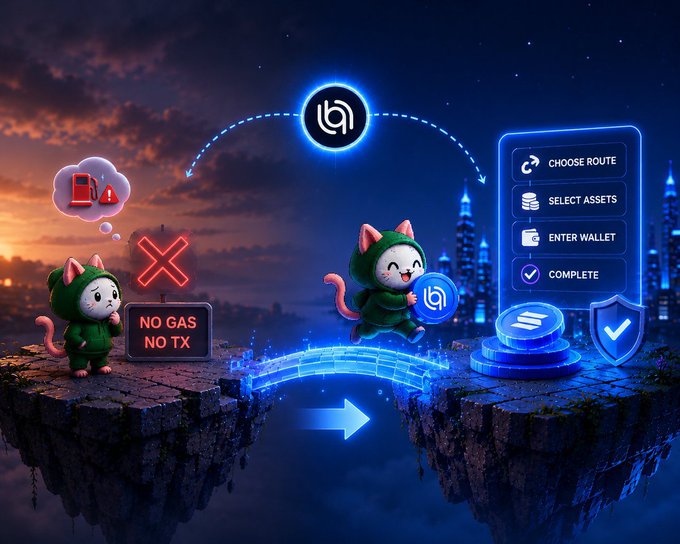 A digital illustration showing two cartoon cats in green hoodies navigating a gap on floating islands, illustrating a "NO GAS NO TX" blockchain transaction process with interface elements for choosing routes, assets, and wallets.