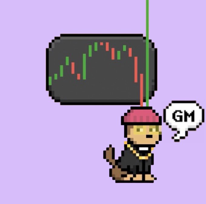 A pixel art illustration of a dog character wearing a pink beanie and gold chain, with a speech bubble reading 'GM', sitting beneath a stock chart with red and green candles.