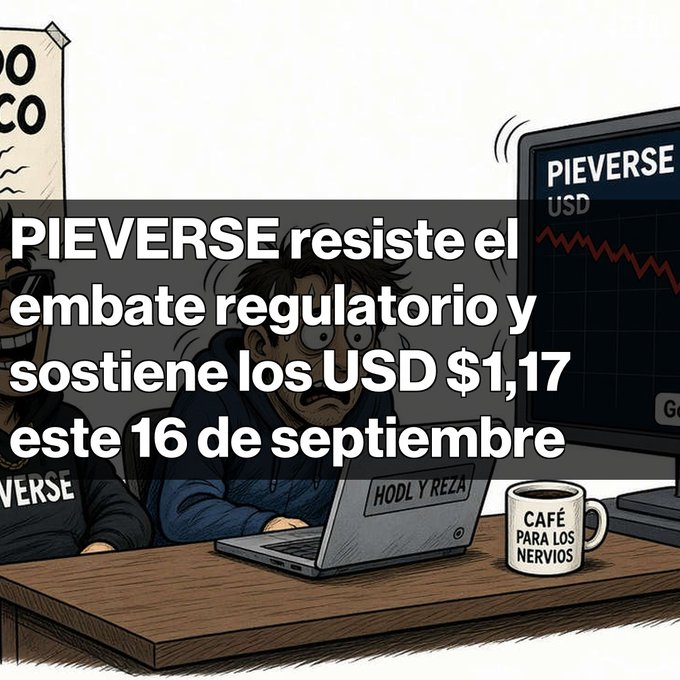 A Spanish-language financial meme illustration with text: 'PIEVERSE resiste el embate regulatorio y sostiene los USD $1,17 este 16 de septiembre,' showing stressed cartoon characters at a desk with a laptop labeled 'HODL Y REZA' and a coffee mug reading 'CAFÉ PARA LOS NERVIOS.'