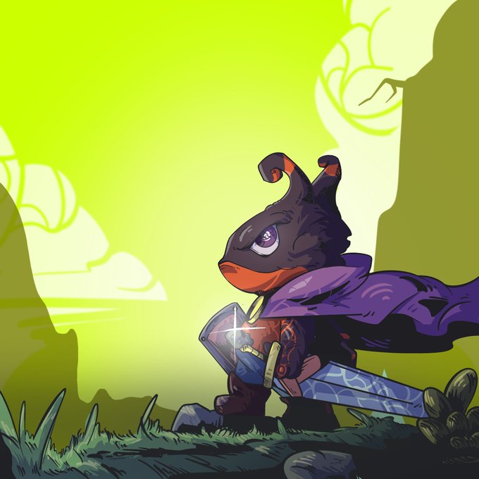 A stylized video game character resembling a small dark creature with horns, a purple cape, and a large sword, set in a green landscape.