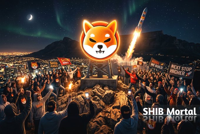 A nighttime crypto rally scene shows a massive crowd of Shiba Inu supporters gathered around a giant glowing Shiba Inu logo, holding signs reading "SHIB Army," "HODL WE BUILD," and "NEXT STOP HIGHER," while a rocket launches into an aurora-lit sky, with "SHIB Mortal" displayed in the corner—visually capturing the post's message of awakening momentum, relentless accumulation, and a bullish push toward higher prices.