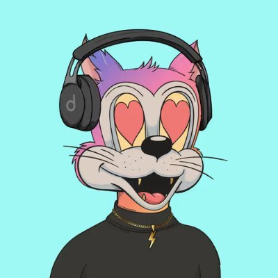 A cartoon cat character with heart-shaped eyes, wearing black headphones and a black shirt with a lightning bolt necklace, against a bright cyan background—fitting the upbeat "GM TOONZ FAM" greeting with its lively, fan-oriented NFT vibe.