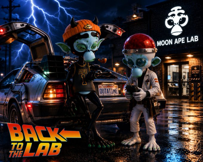 A 'Back to the Lab' promotional graphic for 'Moon Ape Lab' NFTs, featuring two cartoon alien/ape characters in front of a DeLorean-style car with a California license plate reading 'OUTATIME'.
