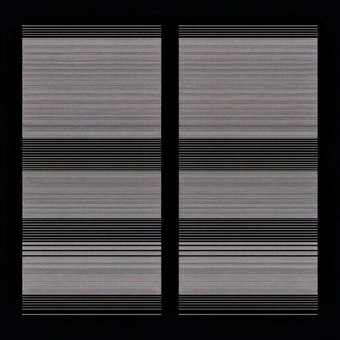 A photograph of a display showing two panels of dense horizontal scanlines in shades of gray, black, and white, resembling a test pattern or digital interference.