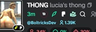 The image shows a user profile with the name "THONG lucia's thong" and the username "@BolttricksDev". This relates to the post by mentioning a "novel coin" and potentially linking it to a creator or community known for such content.