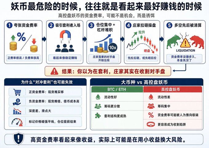 An informational infographic in Chinese explaining the dangers of "妖币" (altcoins) with high funding rates, comparing BTC/ETH markets to high-leverage altcoin markets.