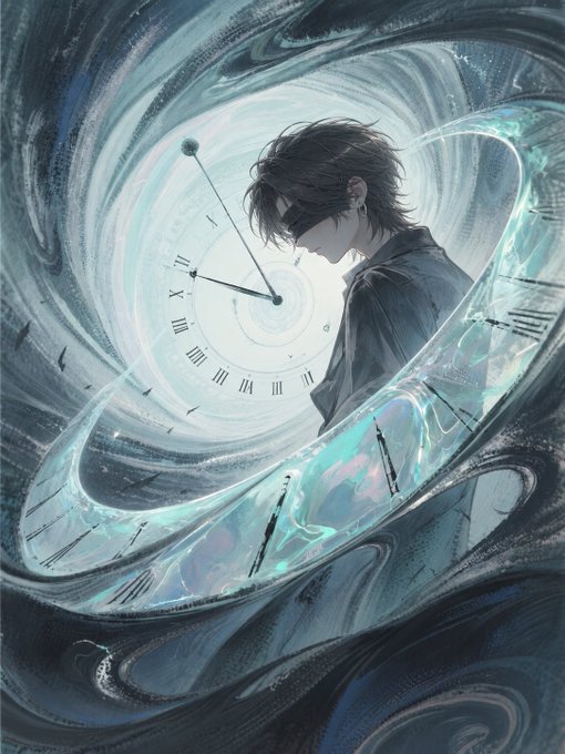 A digital illustration of a character with dark hair standing in profile, surrounded by swirling blue and teal abstract forms that form a clock face with Roman numerals.