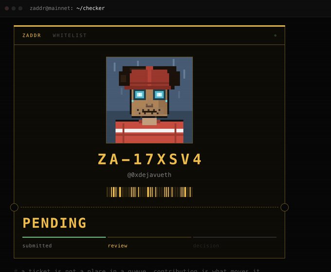 A pixel-art interface for 'ZADDR WHITELIST' shows a character with red headphones, the code 'ZA-17XSV4', username '@0xdejavu.eth', and a 'PENDING' status bar.