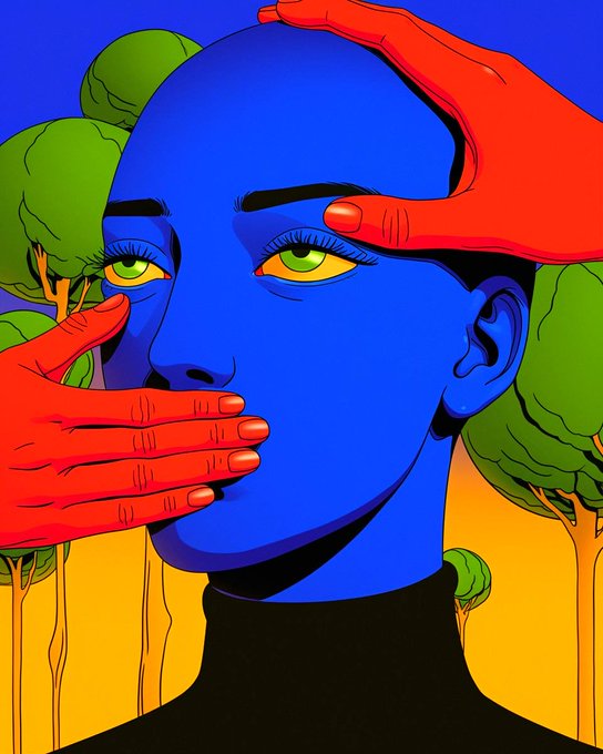 A vibrant, surreal digital illustration featuring a blue-skinned figure with striking green eyes, framed by red hands covering parts of their face, set against a background of green trees and yellow sky.