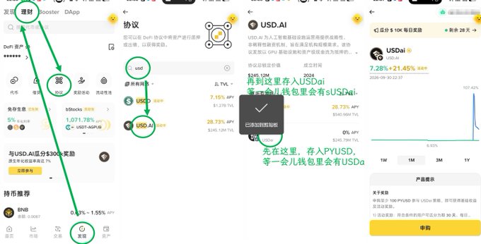 A tutorial of the DeFi cryptocurrency app with green annotations in Chinese explains how to swap assets for PYUSD and earn USDai rewards.