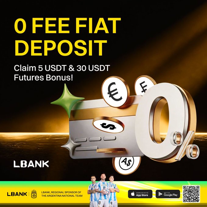 The image features a poster for an app called "LBank" that allows users to buy cryptocurrency directly from their bank account, without needing to use a traditional exchange or payment processor like PayPal. The poster includes three people standing next to each other on a soccer field and a gold coin with the number "0". The text in the image reads: "Fiat on-ramp just got smoother on @LBank_Exchange 0-fee fiat deposits are live now. Buy crypto directly from fiat balance, no extra steps. SEPA, SEPA Instant, and Wire all supported SEPA Instant, SEPA, and Wire all supported SEPA instant, SEPA instant, and Wire all supported SEPA instant". The image also includes a code for the app in the bottom right corner of the poster.