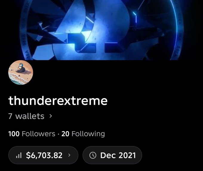 A user profile named "thunderextreme" on OpenSea celebrating reaching 100 followers, with 7 wallets, $6,703.82 in holdings, joined in Dec 2021, offering to giveaway 3 codes for the OS beta.