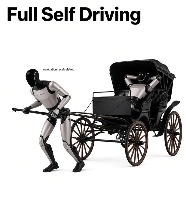 A humorous image of a humanoid robot pulling a horse-drawn carriage with the text 'Full Self Driving' above and 'navigation recalculating' near the robot.