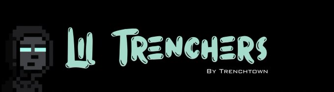 A pixelated hooded figure with glowing blue eyes appears beside stylized mint-green text reading "Lil TRENCHERS BY TRENCHTOWN" on a black background, promoting the upcoming Lil Trencher NFT drop of 1,111 collectibles on Ethereum.