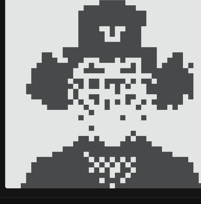A pixel art image of a character with a large hat, glasses, and a bow tie, rendered in grayscale with a blocky, low-resolution aesthetic.