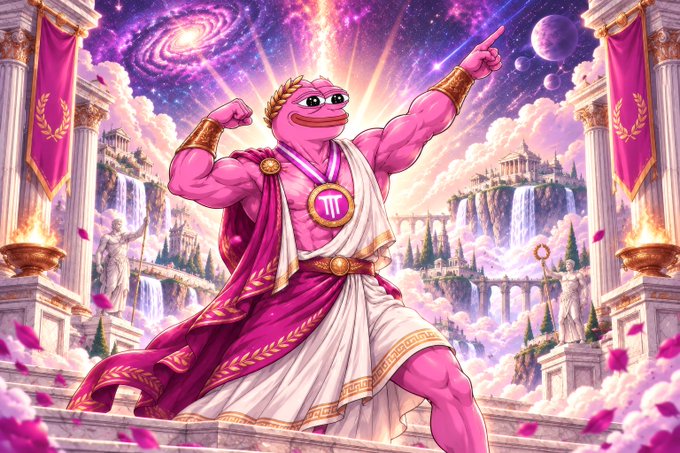A vibrant fantasy illustration of a muscular pink frog wearing a laurel wreath and a Greek-style white toga with a pink cape, posed heroically on marble steps with galaxies and waterfalls in the background.