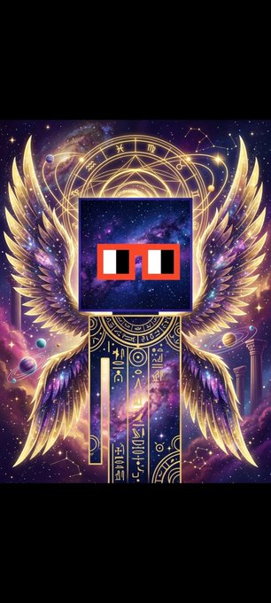 A stylized digital artwork featuring golden angel wings framing a dark square with red pixelated glasses against a cosmic, starry background.