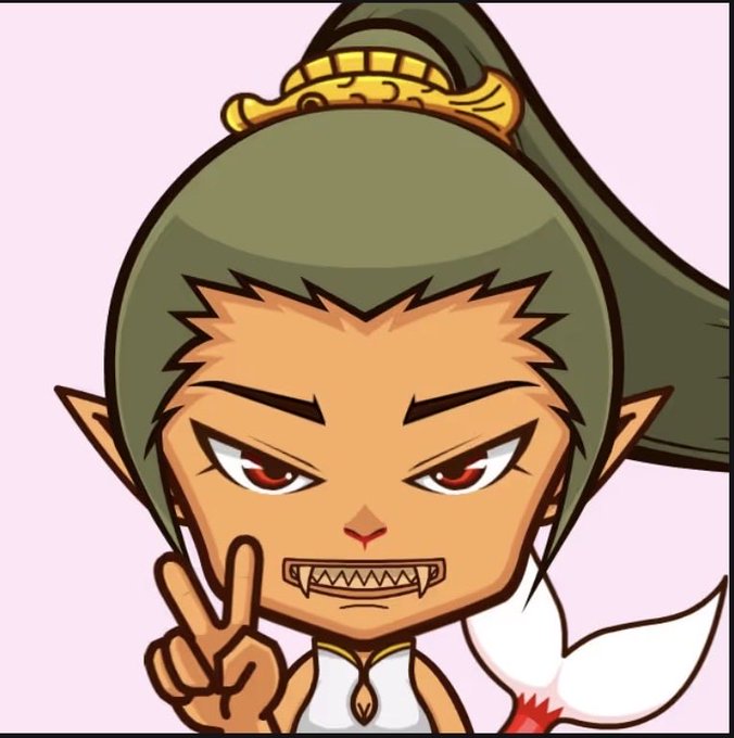 A cartoon illustration of a chibi-style anime character with green hair in a ponytail, pointed ears, and fangs, making a peace sign against a pink background.