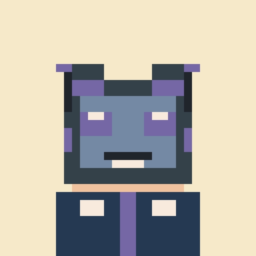 A pixel art illustration of a character with a blue and purple face and body wearing a dark suit and a purple tie.