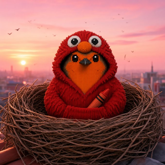 A pixel-art style digital illustration of a bird in a nest wearing a red knitted Elmo hoodie, holding a crayon against a pink sunset cityscape.