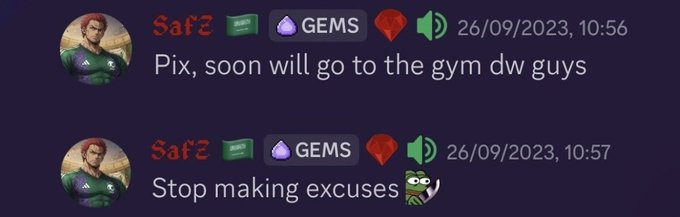 The image shows a Discord chat from user "Safz" in the GEMS channel, where he says "Pix, soon will go to the gym dw guys" and immediately follows up with "Stop making excuses," humorously motivating himself to start working out—tying into his post celebrating completing a 5-day streak of the GEMs challenge after 3 years of procrastination.