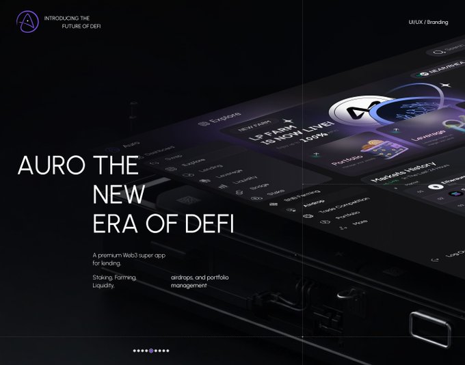 A promotional graphic for 'AURO THE NEW ERA OF DEFI,' introducing a premium Web3 super app for lending, staking, farming, airdrops, liquidity, and portfolio management, with UI/UX branding by A.