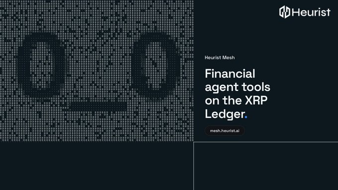 Website screenshot for 'Heurist' advertising 'Financial agent tools on the XRP Ledger' at mesh.heurist.ai, featuring a stylized pixelated face image.
