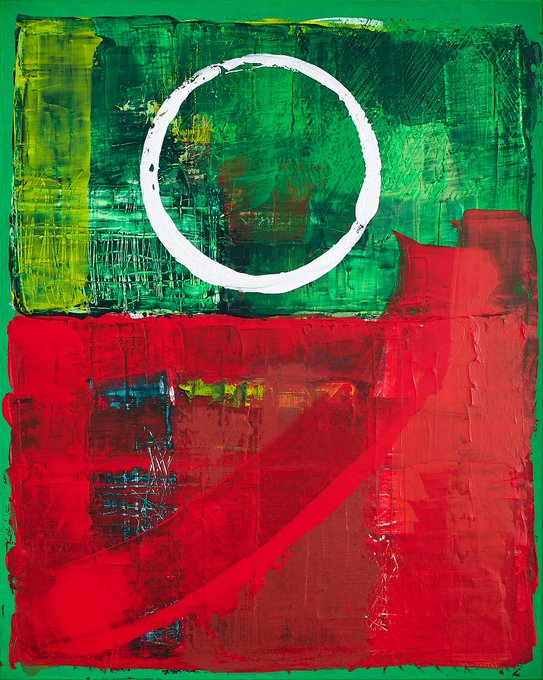 An abstract painting divided horizontally into green and red sections, with a prominent white painted circle in the upper green area.