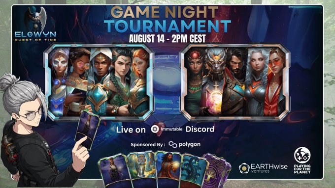 A promotional graphic for "GAME NIGHT TOURNAMENT" on August 14 at 2PM CEST, featuring the game "Elovyn: Quest of Time," livestreamed on Immutable Discord and sponsored by Polygon, Earthwise Ventures, and Playing for the Planet.