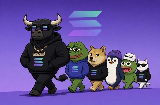 A cartoon illustration of meme characters including a Solana-branded bull, Pepe, Doge, a penguin, WAGMI Pepe, and a cat, standing in front of a purple Solana logo.