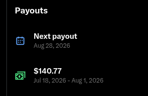 A 'Payouts' notification panel showing a next payout date of Aug 28, 2026, and a recent payout of $140.77 for the period of Jul 18, 2026 - Aug 1, 2026.