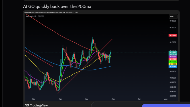 The image shows a screenshot of a trading dashboard with a chart displaying the price movement of Algo over time. The chart has multiple lines representing different stock indicators, showing the fluctuations in the market. The text above the chart reads "ALGO quickly back over the 200ma," indicating that the Algo is currently experiencing rapid changes in its value. The image also includes a quote from a trading website about the importance of paying attention to the chart and understanding how it relates to the post, which suggests that the chart's content may be relevant or valuable for the viewer.