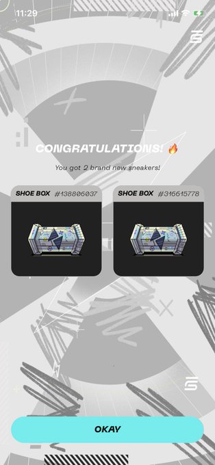 A mobile app screen displays 'CONGRATULATIONS! You got 2 brand new sneakers!' with two identical shoe box icons labeled 'SHOE BOX #438866037' and 'SHOE BOX #346615778', above a cyan 'OKAY' button.