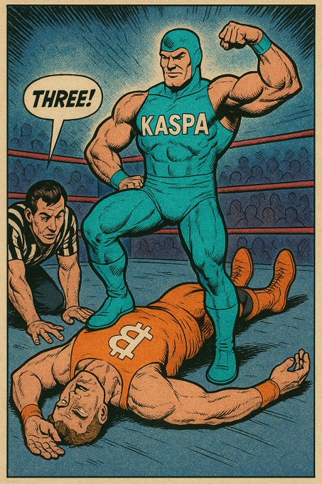 A comic-style illustration shows a wrestler in a blue "KASPA" singlet flexing victoriously after pinning an opponent wearing an orange Bitcoin (₿) singlet, with the referee counting "THREE!" — symbolizing Kaspa's triumph over Bitcoin and positioning Kaspa as the rising contender threatening to overtake established crypto giants.