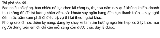 A Vietnamese text post describes feelings of bankruptcy and exhaustion from efforts to save a company, expressing hope in learning new skills and perseverance.