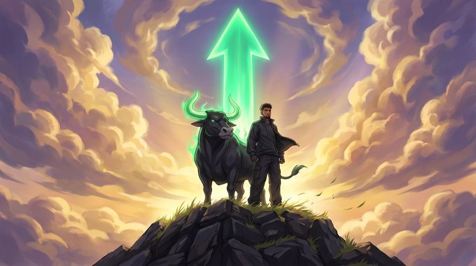 An illustration of a man in a black jacket standing beside a large black bull with glowing green horns on a rocky cliff, with a bright green upward-pointing arrow glowing in the cloudy sky above them.
